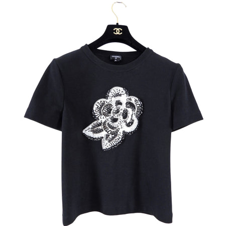 Chanel Black Cotton Camelia Logo Crystal Embellished T Shirt - 38 (S/M)