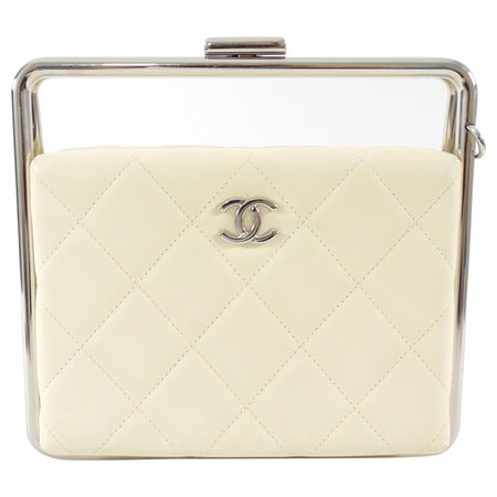 Chanel Cream Quilted Leather Metal Bar Frame Box Bag