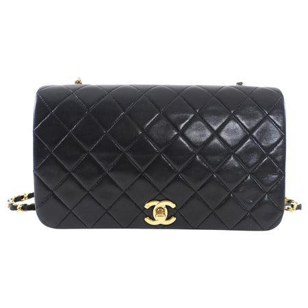 Chanel Vintage 1989 Black Lambskin Leather Full Flap Chain Bag