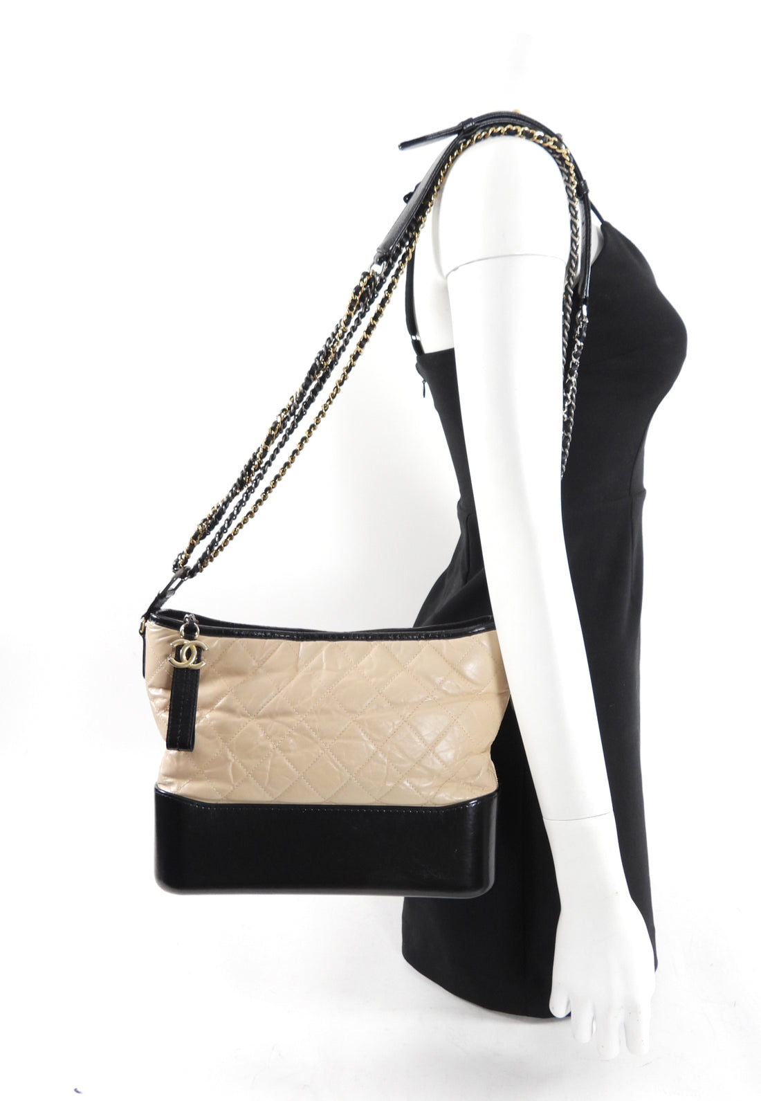 Chanel Gabrielle Medium Beige and Black Quilted Chain Bag