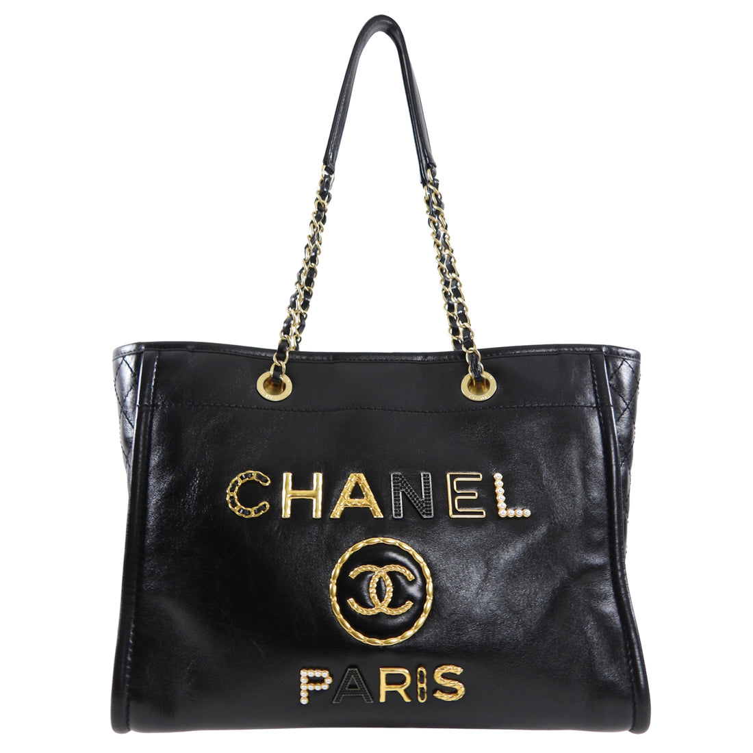 Chanel Black Leather Small Charms Deauville Tote Bag
