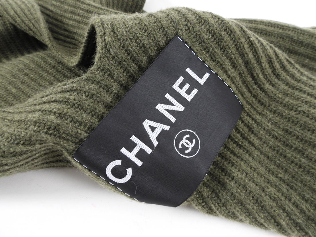 Chanel 2008 Resort Olive Green Cashmere Sleeveless Logo Sweater Mini Dress - M