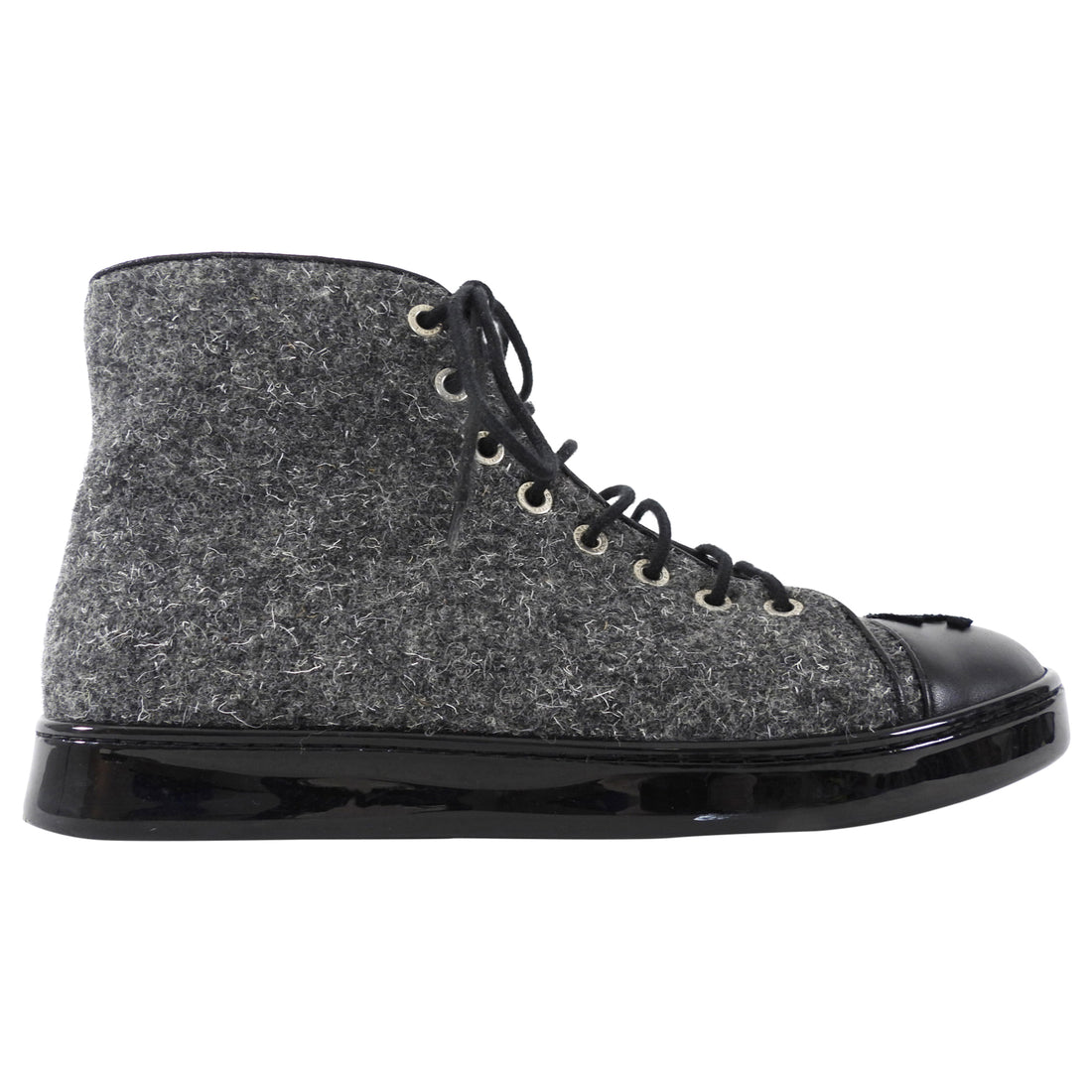 Chanel Charcoal Grey Felt and Black Cap Toe High Top Sneaker - 36.5