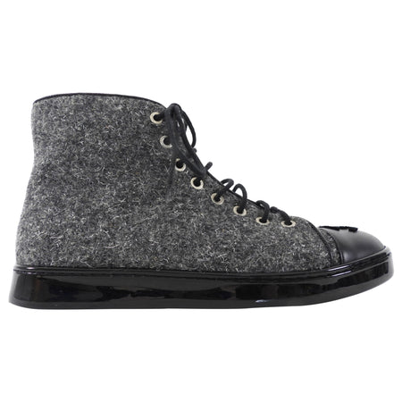 Chanel Charcoal Grey Felt and Black Cap Toe High Top Sneaker - 36.5