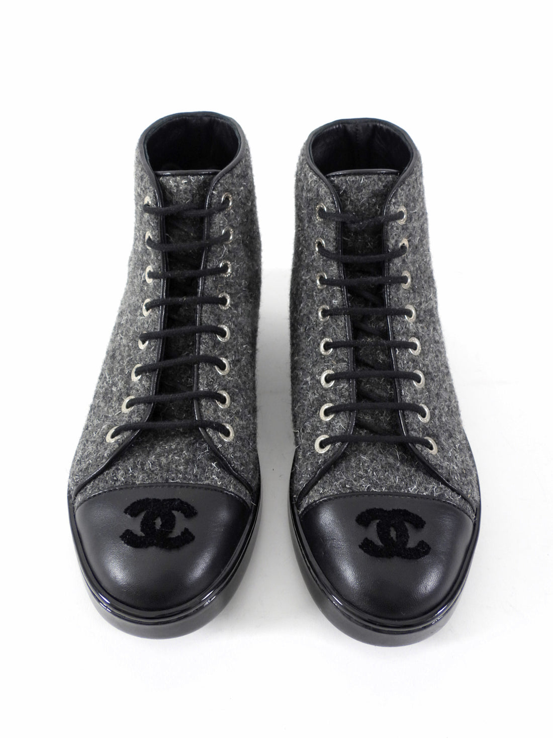 Chanel Charcoal Grey Felt and Black Cap Toe High Top Sneaker - 36.5