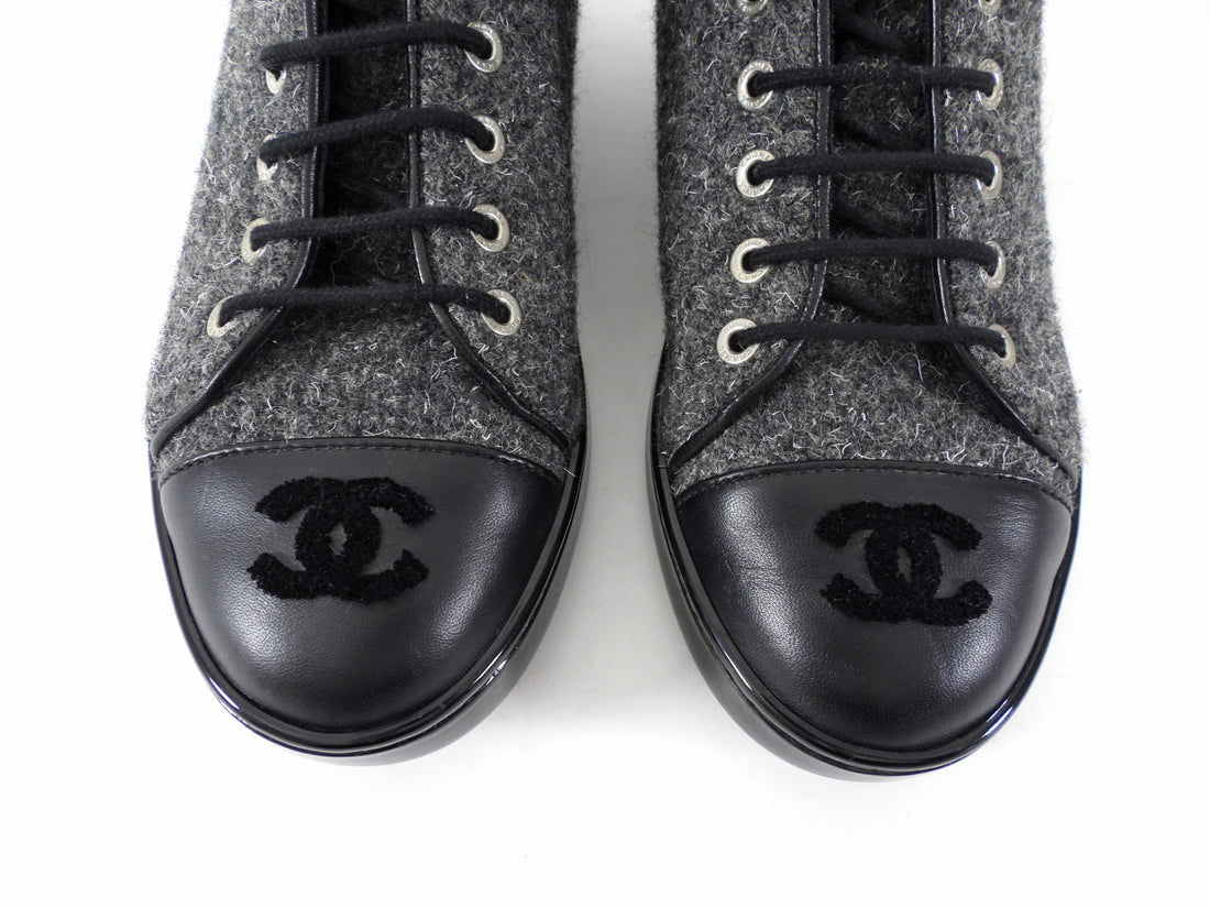 Chanel Charcoal Grey Felt and Black Cap Toe High Top Sneaker - 36.5