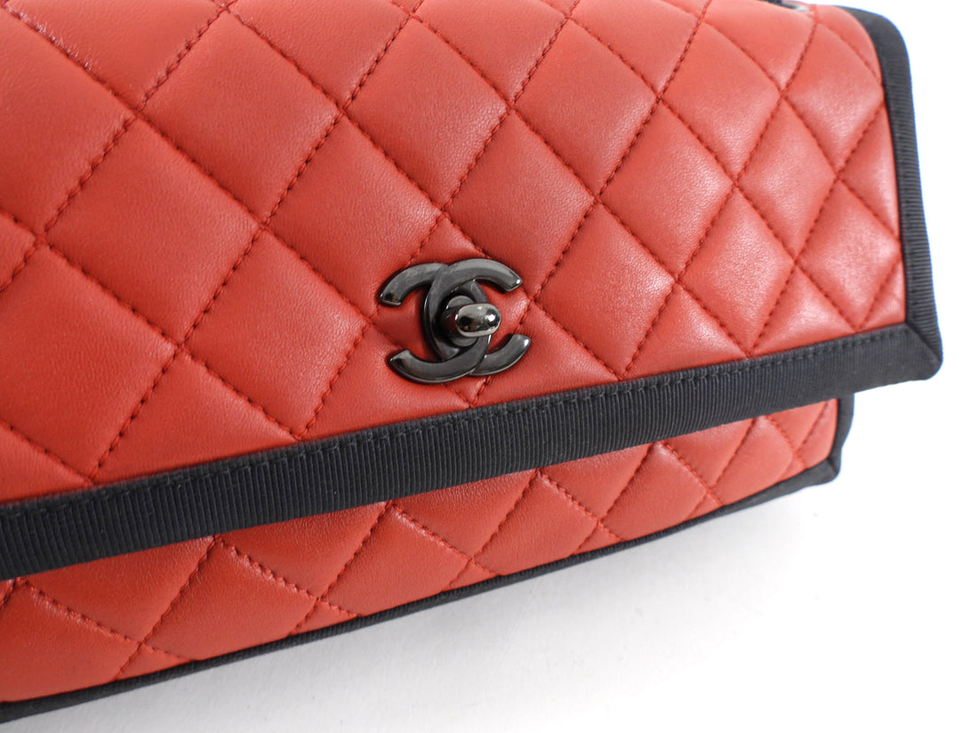 Chanel Red Quilted Leather Grosgrain Trim Chain Flap Bag