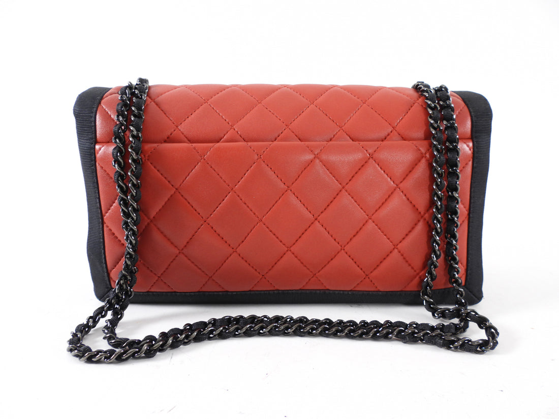 Chanel Red Quilted Leather Grosgrain Trim Chain Flap Bag