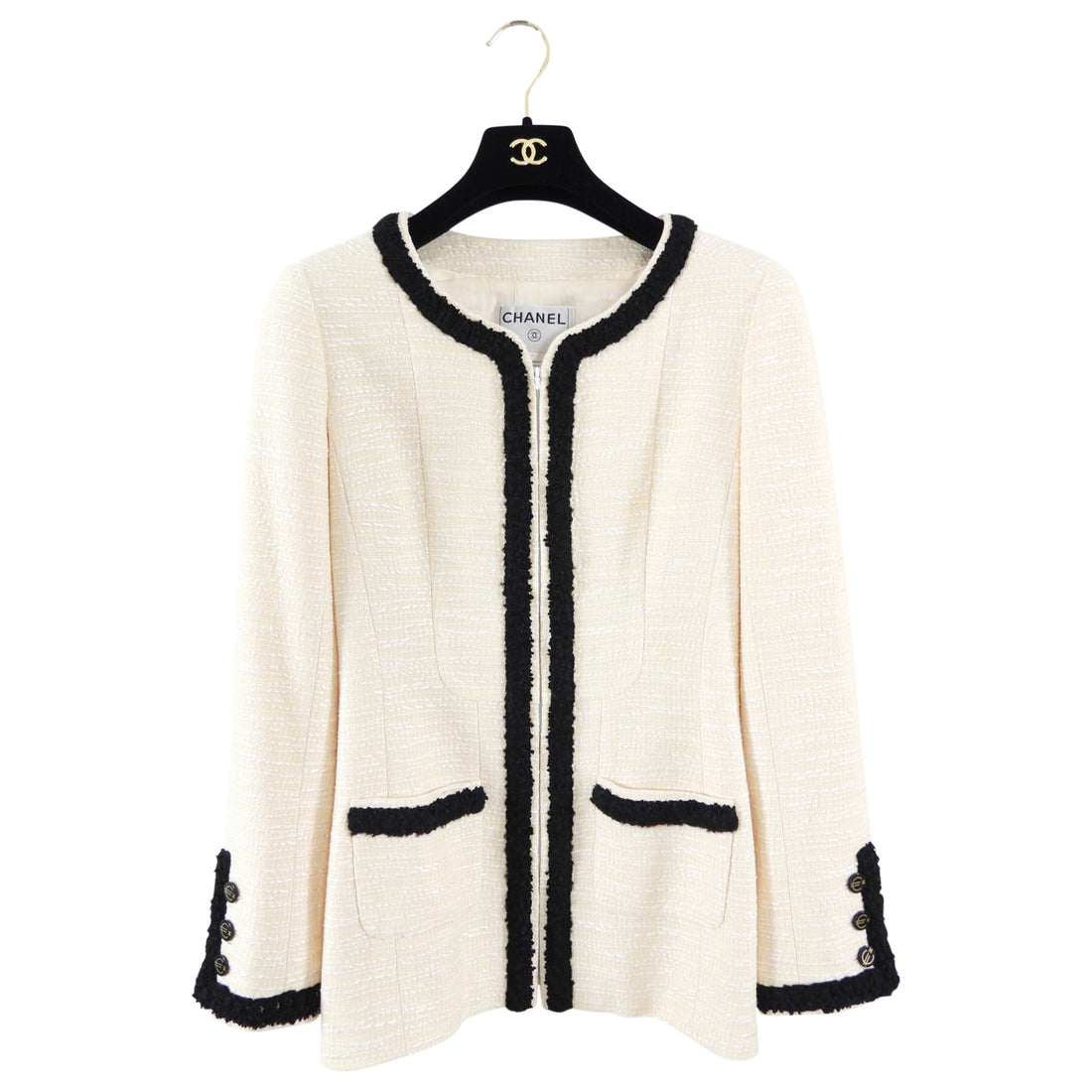 Chanel 02P Vintage Ivory and Black Tweed Zip Fitted Jacket - FR38 / 6