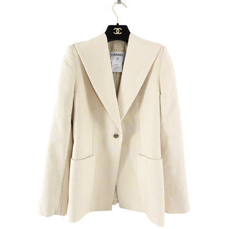 Chanel 01P Vintage Corduroy Textured Ivory Blazer with Black Buttons - S (4/6)
