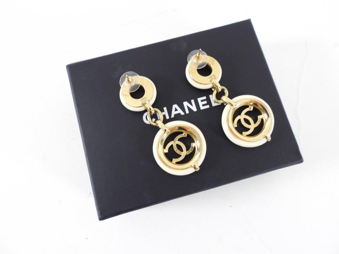 Chanel 19P Ivory Resin and Goldtone CC Logo Drop Earrings