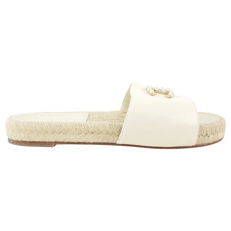 Chanel White Leather CC Flat Espadrille Slides - 37 / 7