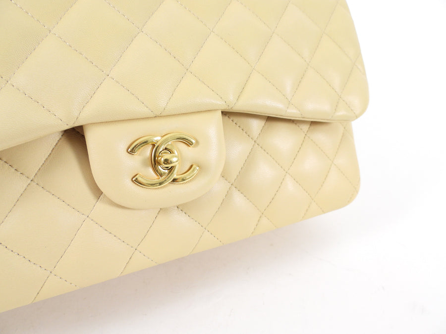 Chanel Beige Lambskin Jumbo Classic Double Flap Bag GHW