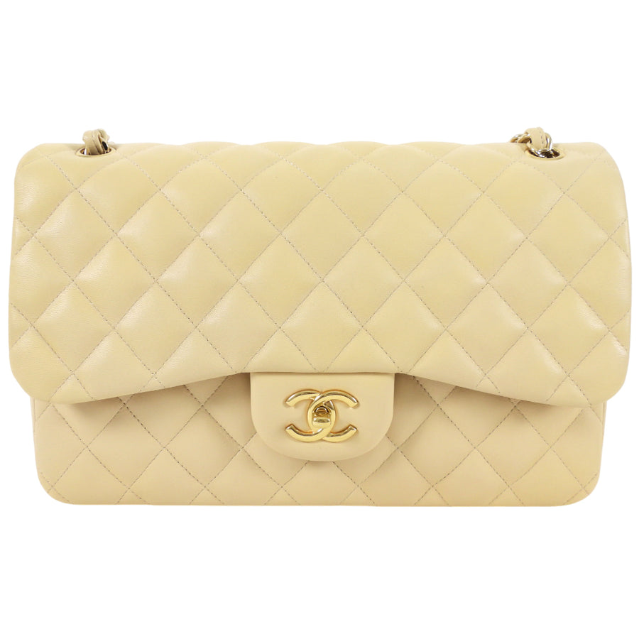 Chanel Beige Lambskin Jumbo Classic Double Flap Bag GHW