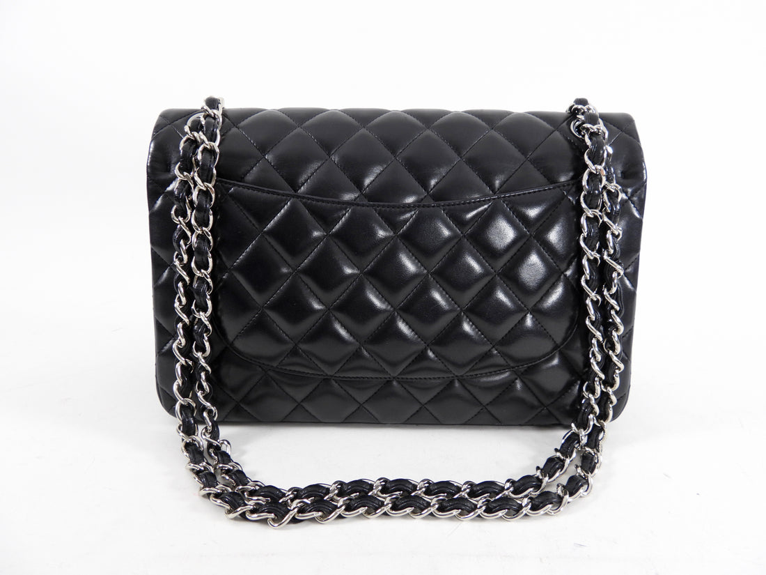 Chanel Black Lambskin Leather Jumbo Double Classic Flap Bag SHW
