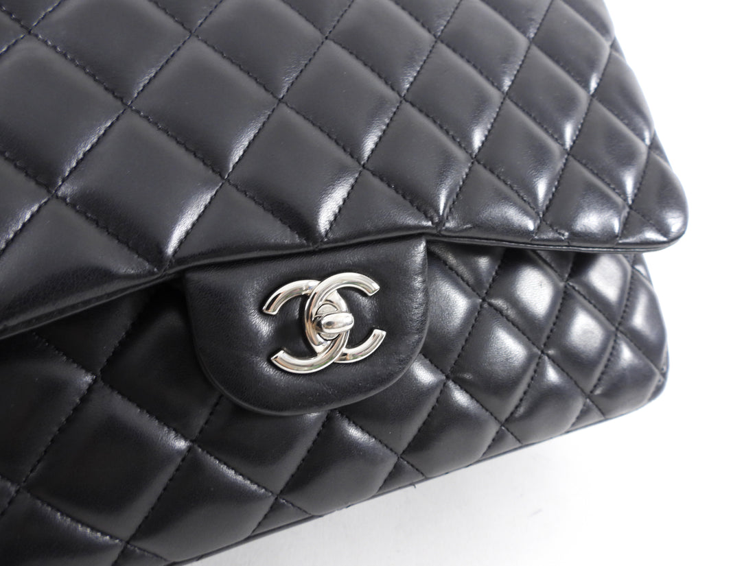 Chanel Black Lambskin Leather Jumbo Double Classic Flap Bag SHW