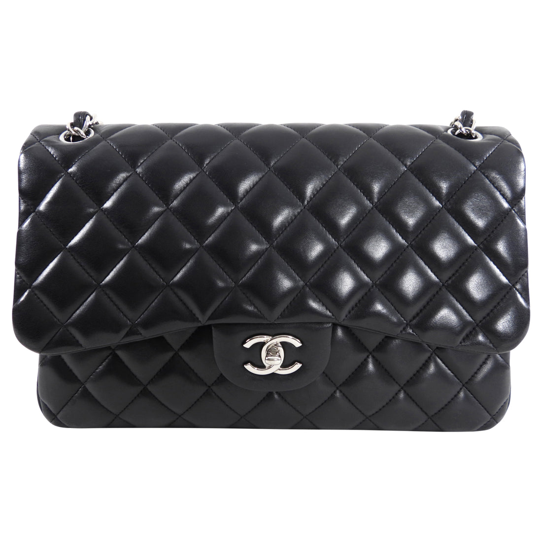 Chanel Black Lambskin Leather Jumbo Double Classic Flap Bag SHW