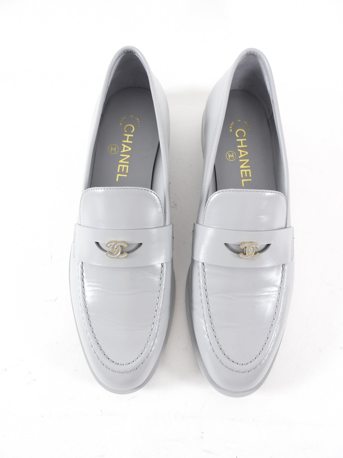 Chanel Putty Grey Glossed Leather CC Loafer - 39.5