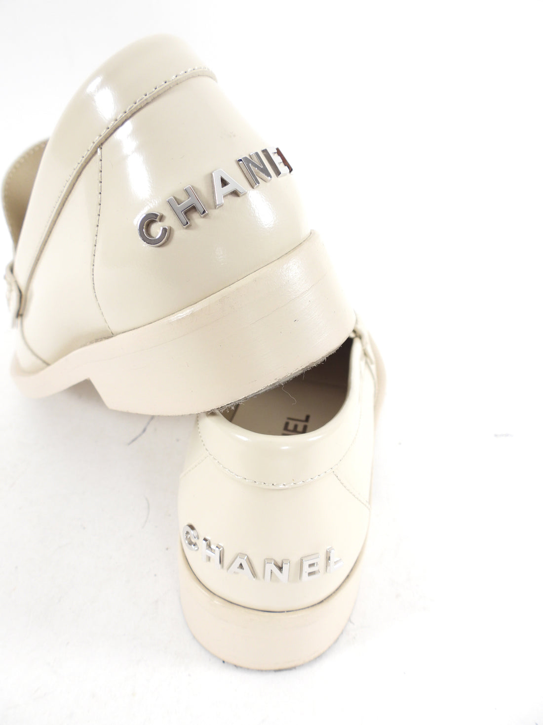 Chanel Ivory Gloss Leather Logo Loafer - 37