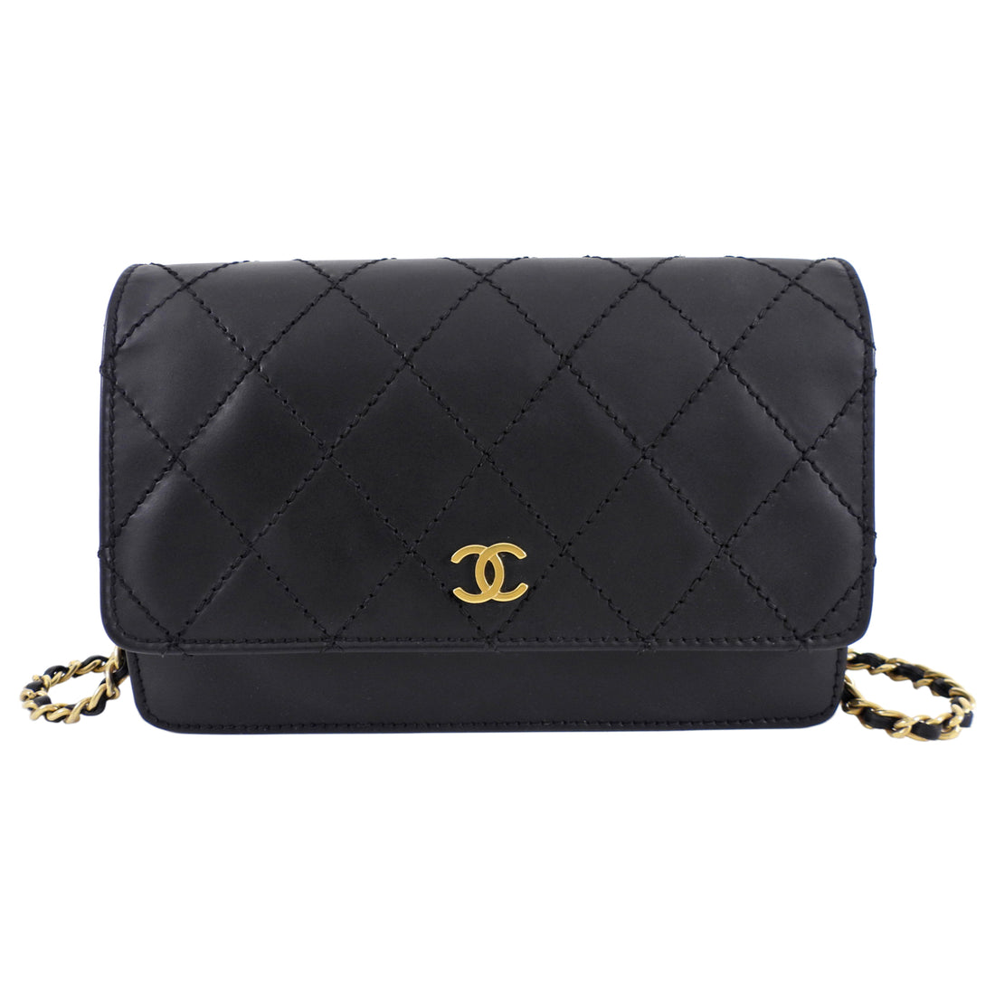 Chanel Black Top Stitch Leather Sheepskin WOC Wallet on Chain Bag