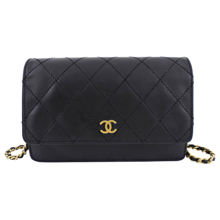 Chanel Black Top Stitch Leather Sheepskin WOC Wallet on Chain Bag