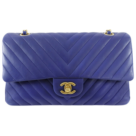 Chanel Blue Chevron Quilted Medium Double Classic Flap Bag GHW
