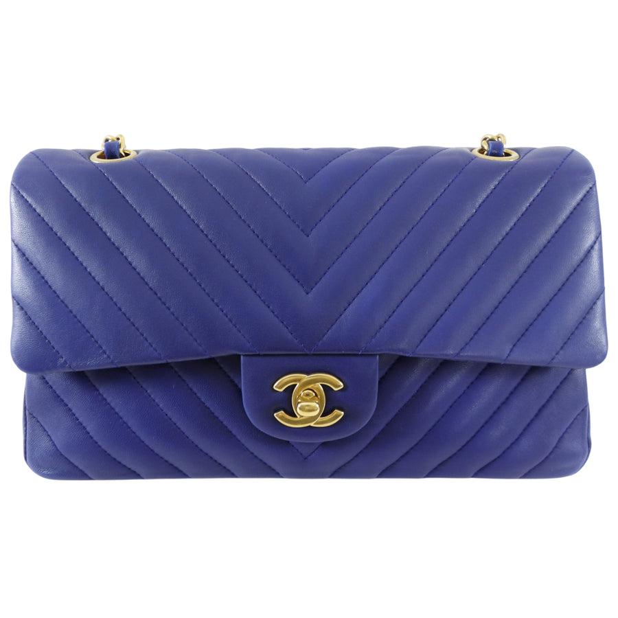 Chanel Blue Chevron Quilted Medium Double Classic Flap Bag GHW