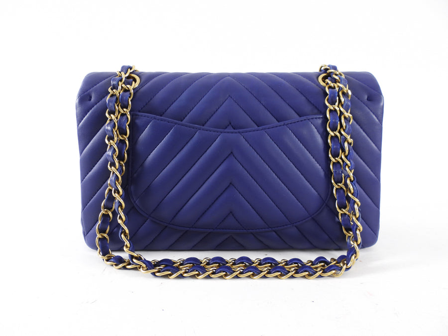 Chanel Blue Chevron Quilted Medium Double Classic Flap Bag GHW