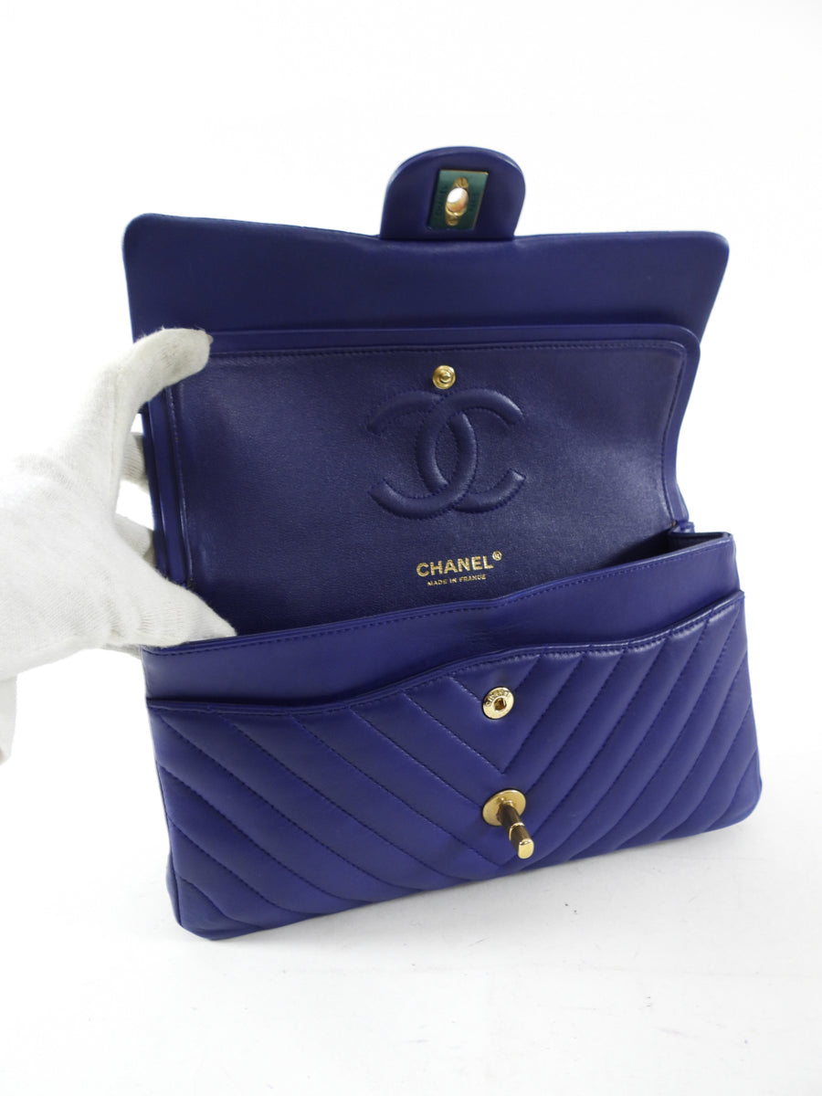 Chanel Blue Chevron Quilted Medium Double Classic Flap Bag GHW
