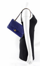 Chanel Blue Chevron Quilted Medium Double Classic Flap Bag GHW