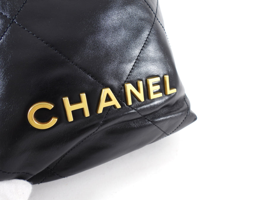Chanel Black Leather Chain 22 Mini Bag with Goldtone Spellout Logo