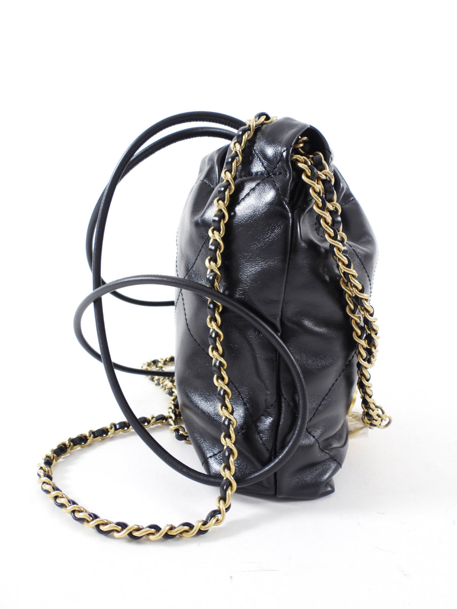 Chanel Black Leather Chain 22 Mini Bag with Goldtone Spellout Logo