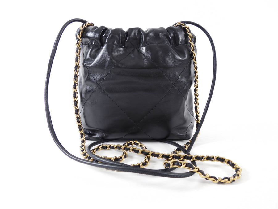 Chanel Black Leather Chain 22 Mini Bag with Goldtone Spellout Logo