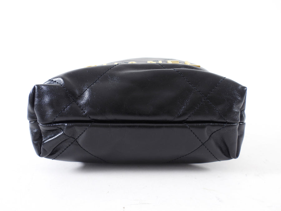 Chanel Black Leather Chain 22 Mini Bag with Goldtone Spellout Logo