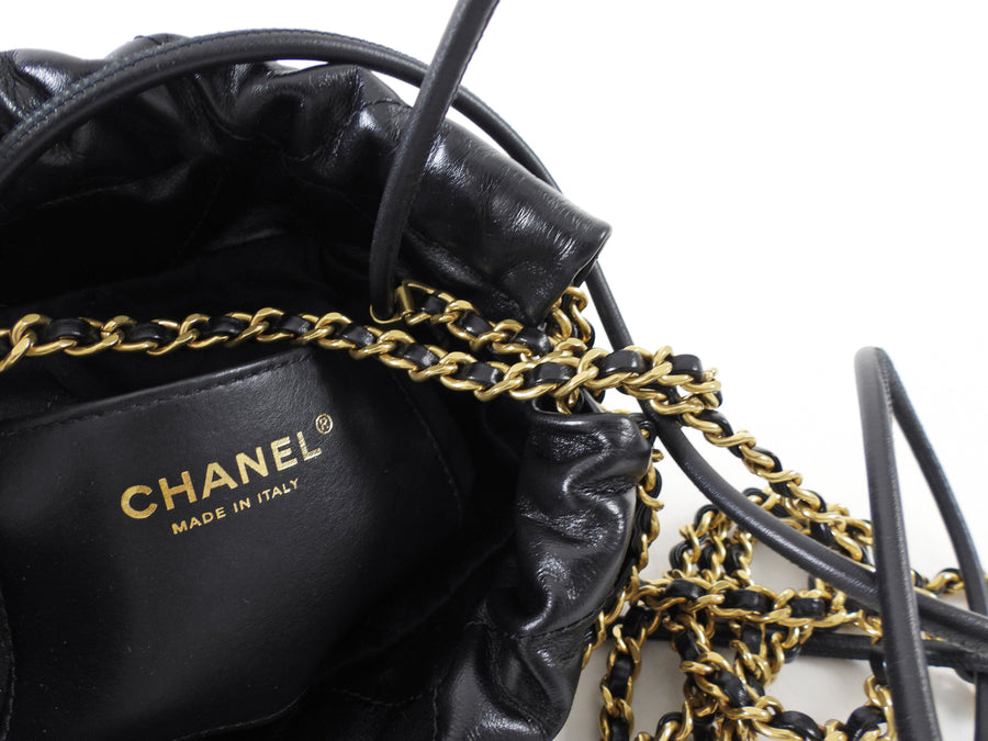 Chanel Black Leather Chain 22 Mini Bag with Goldtone Spellout Logo