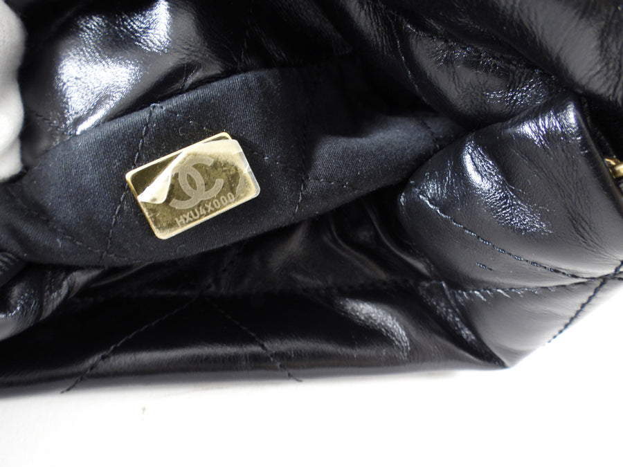 Chanel Black Leather Chain 22 Mini Bag with Goldtone Spellout Logo