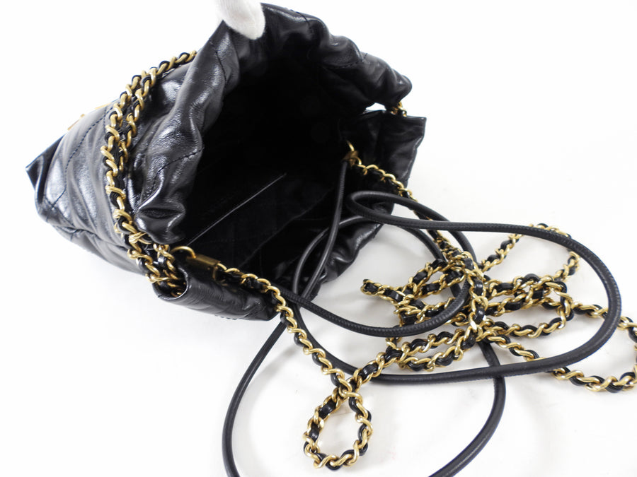 Chanel Black Leather Chain 22 Mini Bag with Goldtone Spellout Logo