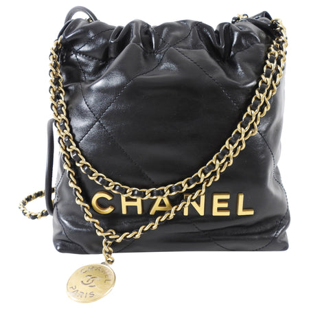 Chanel Black Leather Chain 22 Mini Bag with Goldtone Spellout Logo