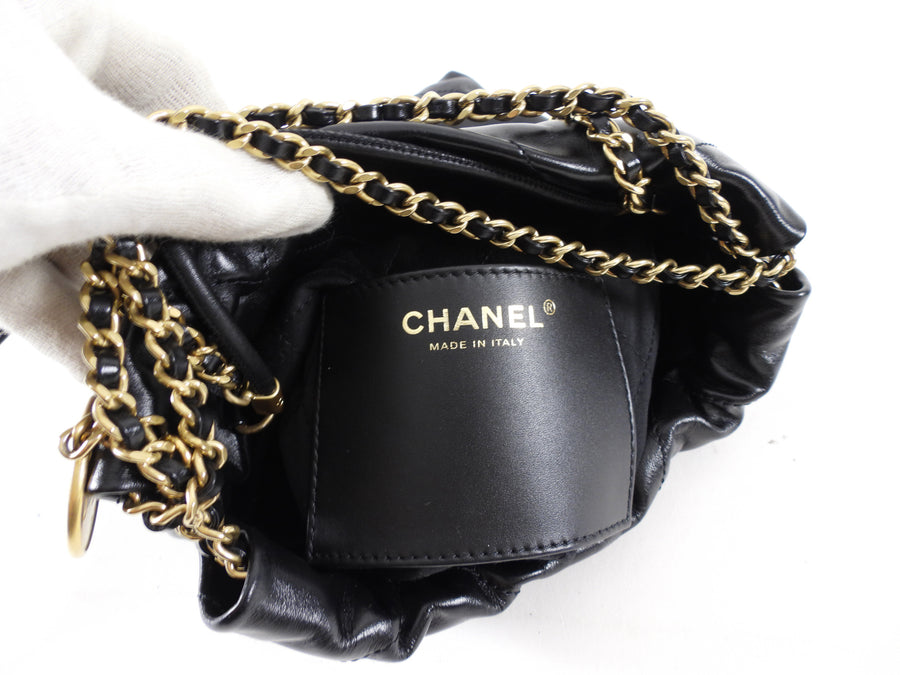 Chanel 2023 Black Leather Chain 22 Mini Bag with Ivory Enamel Logo
