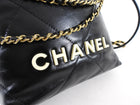 Chanel 2023 Black Leather Chain 22 Mini Bag with Ivory Enamel Logo