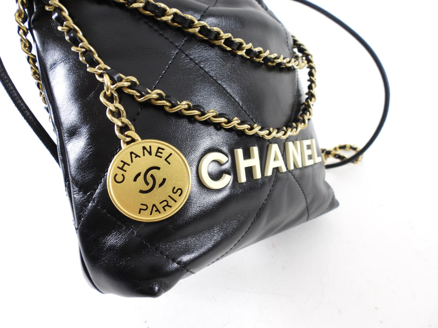 Chanel 2023 Black Leather Chain 22 Mini Bag with Ivory Enamel Logo