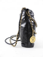 Chanel 2023 Black Leather Chain 22 Mini Bag with Ivory Enamel Logo