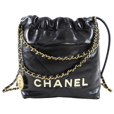 Chanel 2023 Black Leather Chain 22 Mini Bag with Ivory Enamel Logo