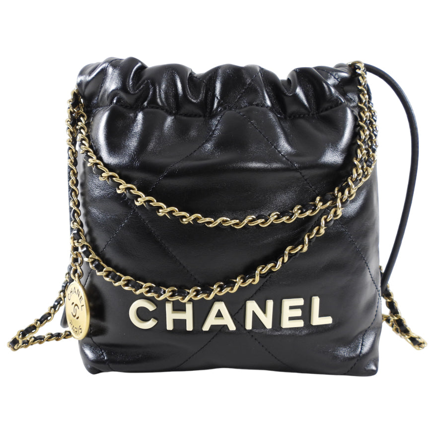 Chanel 2023 Black Leather Chain 22 Mini Bag with Ivory Enamel Logo