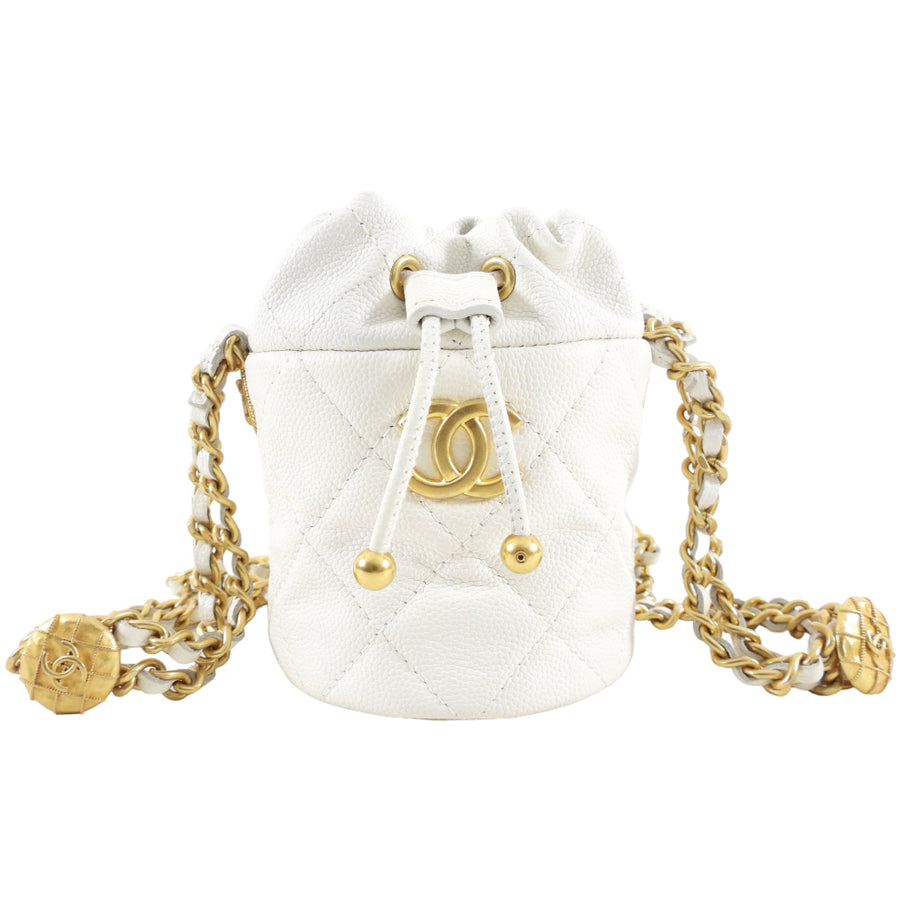 Chanel Twist Your Buttons Drawstring Bucket Bag Quilted Caviar Mini