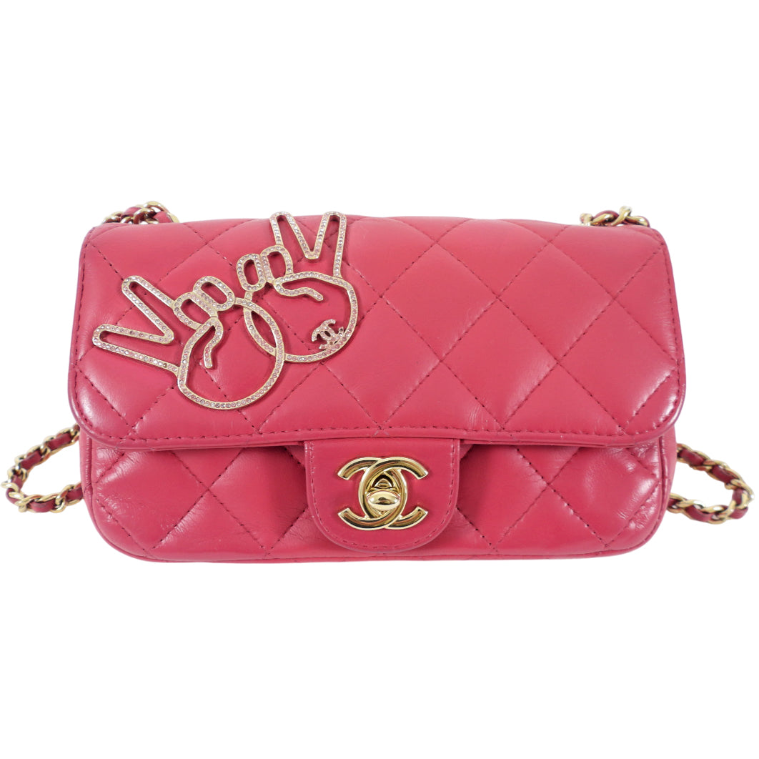 Chanel Pink V for Victory Mini Cherry Pink Crystal Classic Flap Bag