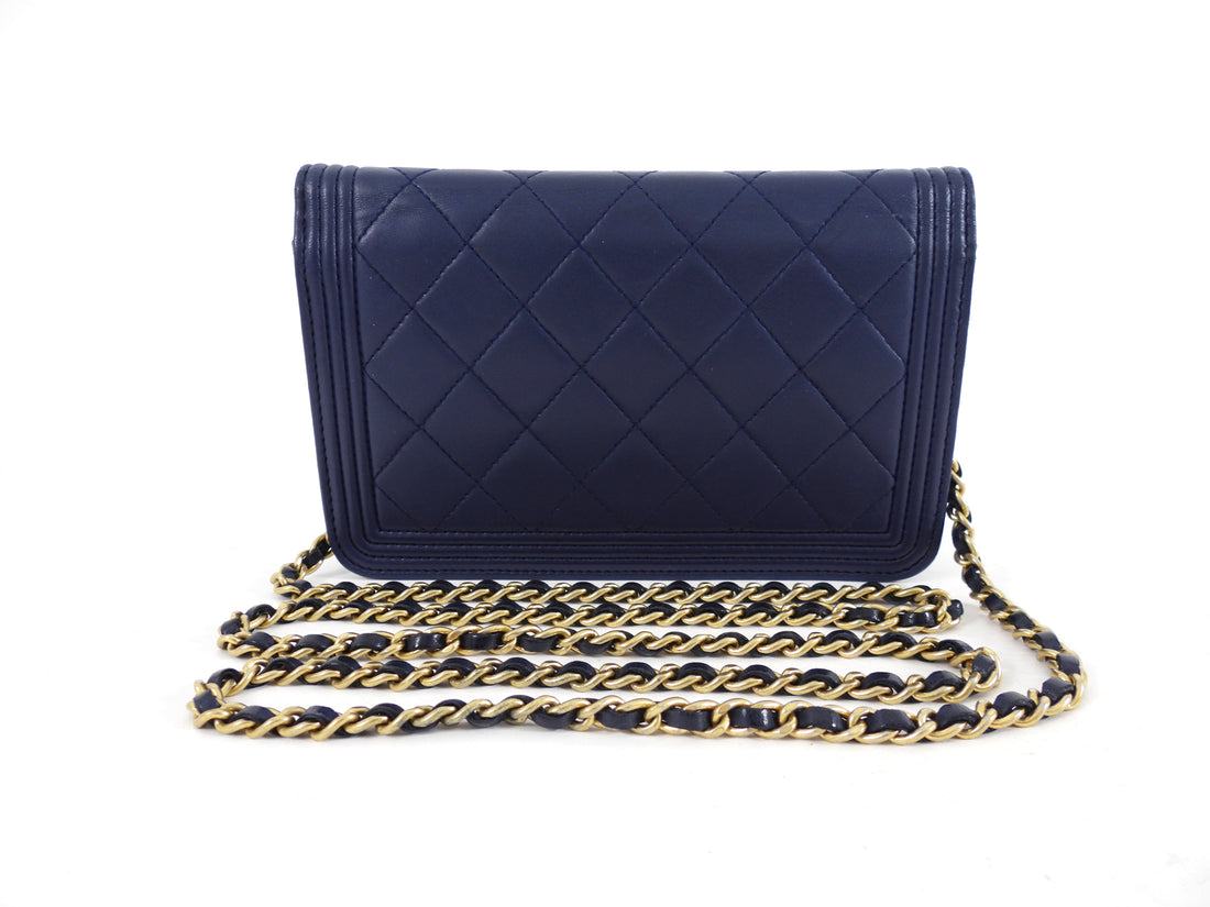 Chanel Navy Quilted Leather Boy Wallet on Chain GHW