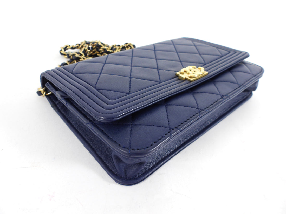 Chanel Navy Quilted Leather Boy Wallet on Chain GHW