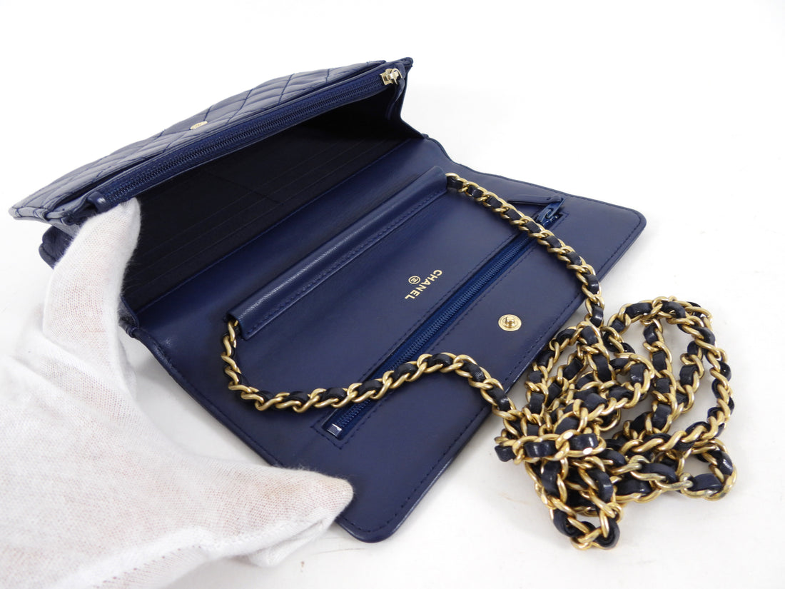 Chanel Navy Quilted Leather Boy Wallet on Chain GHW