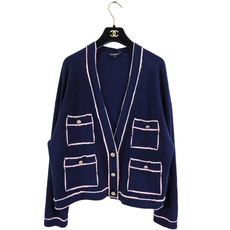 Chanel 21S Navy and Pink No. 5 Cashmere Cardigan Sweater - FR42 / 10